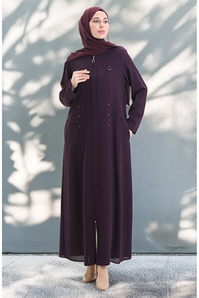 sefamerve Large Size Metal Bead Zippered Ferace 6148-03 Plum