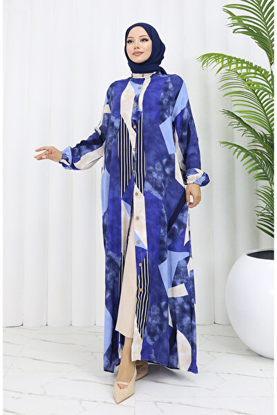 sefamerve Φόρεμα από ύφασμα βισκόζης με κουμπιά 0051-01 Navy Blue Beige