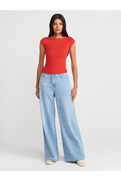 Dilvin 31809 Boat Neck Ribbed T-Shirt-Red