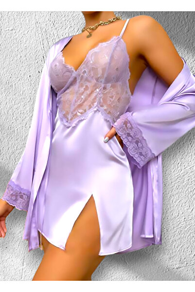 H&S STORE kadın Üst Kısmı Transparan Ve Yırtmaç Detaylı Lila Rengi Ikili Saten Takım Gecelik