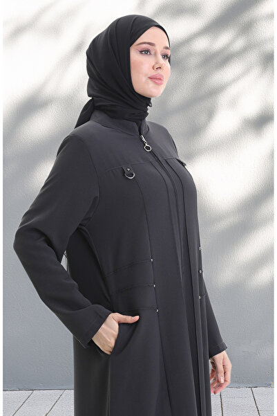 sefamerve Large Size Metal Bead Zippered Ferace 6148-06 Gray