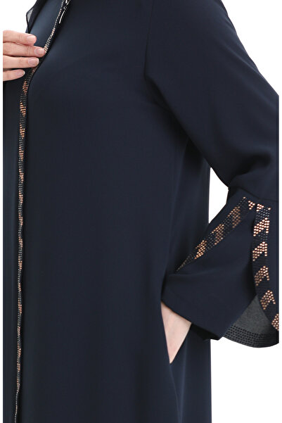 sefamerve Large Size Striped Ferace 2038-02 Navy Blue