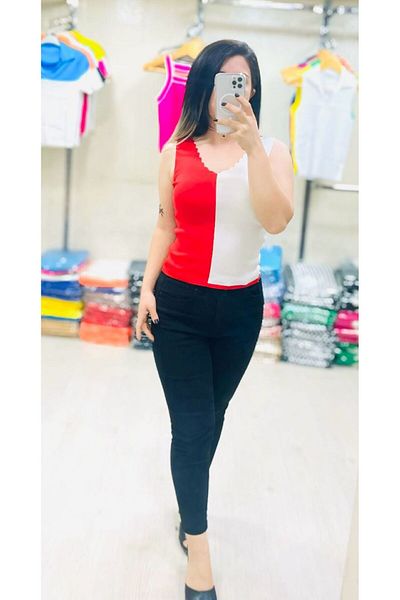 Butik Zeyoo Collection Women's Thick Strap Two Tone V Neck Crop