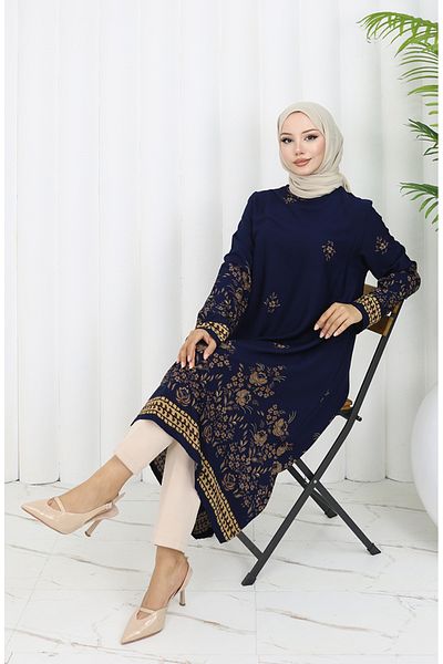 sefamerve Viscose Fabric Floral Patterned Tunic 1004-03 Navy Blue