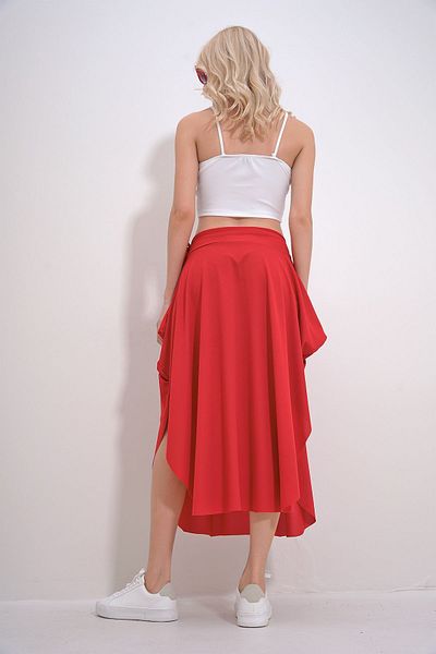 Hazinedan Women's Asymmetrical Slit Midi Red Belted Viscose Skirt