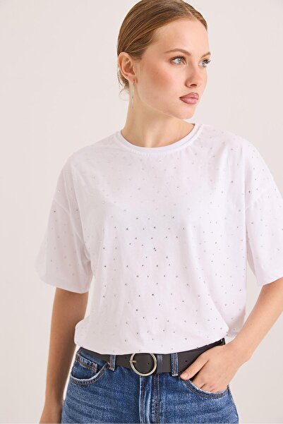 Raneel Kazançlı Alışveriş Tricou din bumbac premium cu detaliu de piatră, alb
