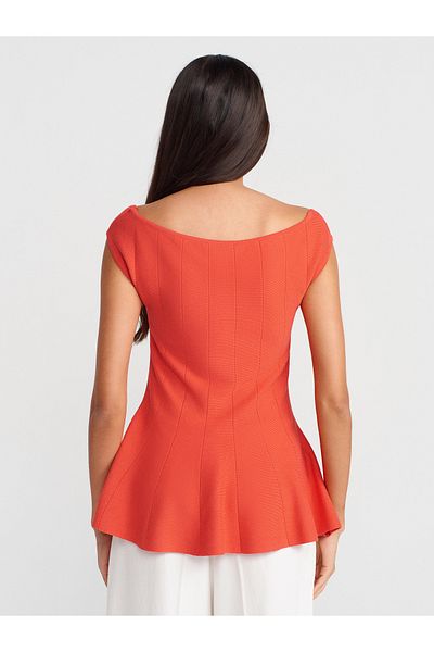 Dilvin 10741 Boat Neck Flounced Knitwear Blouse-A.Red