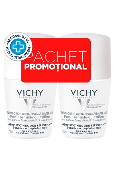 Vichy Fragrance-free antiperspirant roll-on deodorant set for sensitive skin