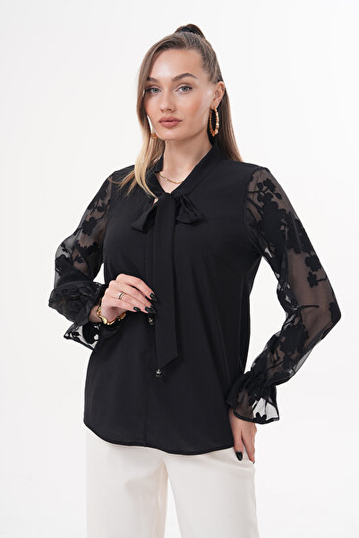 Loom Boutique Büyük Beden Kravat Yaka Keten Transparan Kol Garnili Bluz