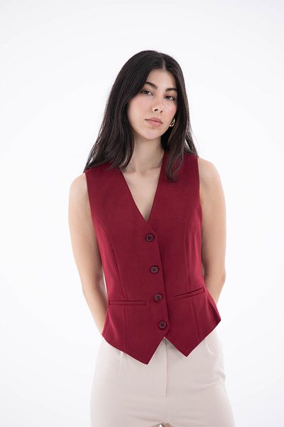 NEVEGE BUTİK Vestă elegantă de in pentru femei, căptușită în burgundă