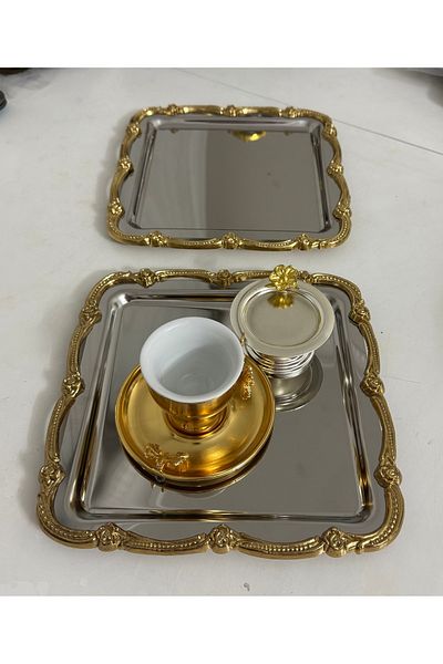 Elzemm store Stainless Steel 2 Pcs Square Serving and Presentation Tray with Edge Frame