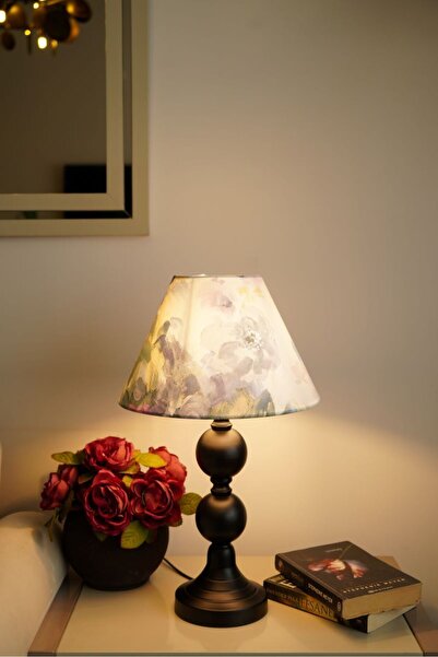 retro home design Siyah Dejavu Konik Mor Çiçek Kumaşlı Masa Lambası Abajur Salon Yatak Odası