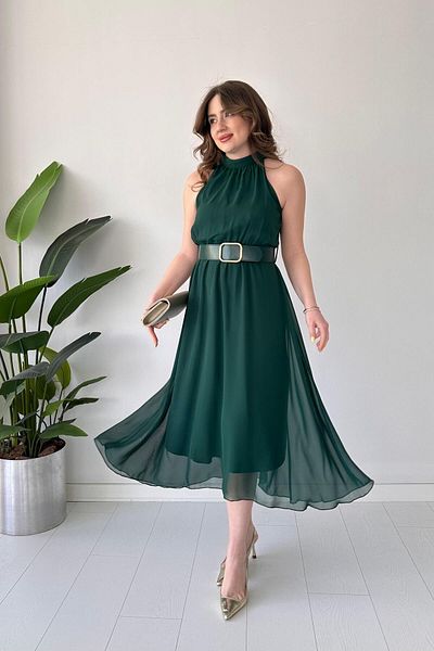 MaziButik Straight Halter Chiffon Dress Emerald