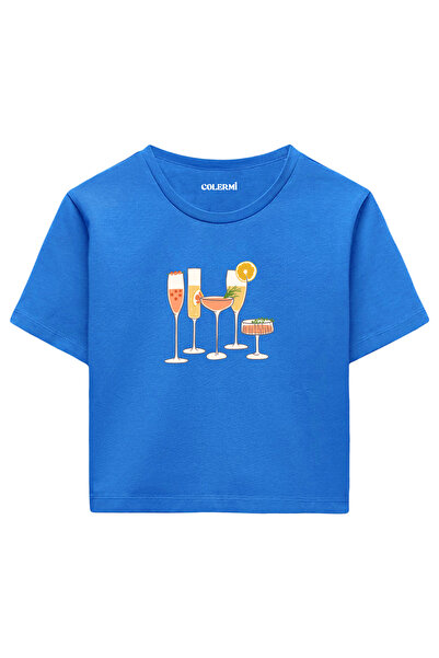 Colermi تيشيرت نسائي قصير مطبوع عليه أكواب الكوكتيل مصنوع من القطن بنسبة 100%