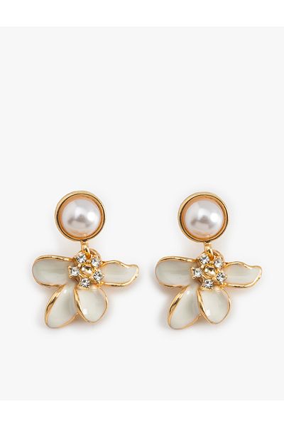 Koton Stone Detailed Dangle Pearl Flower Earrings