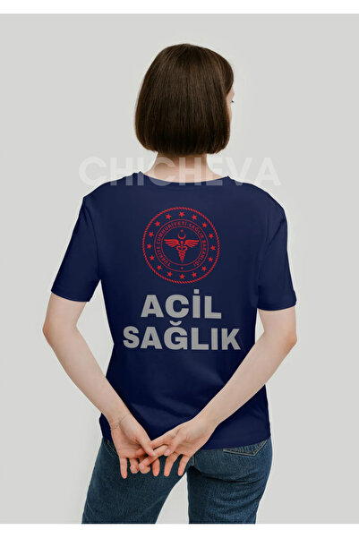 Chicheva 112 Acil Sağlık T-Shirt Lacivert Kadın %100 Pamuk Rahat Kalıp Bisikl...