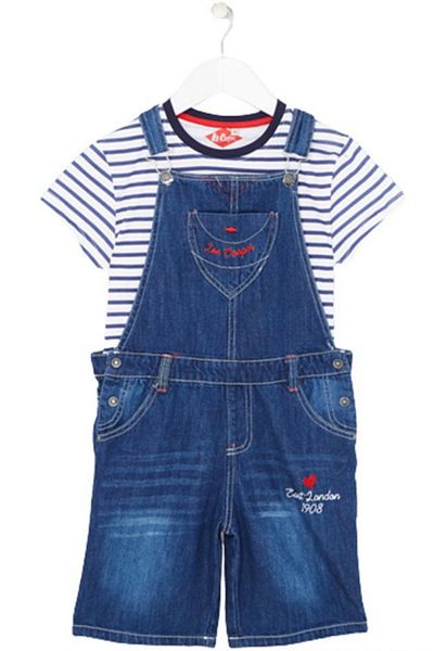 Lee Cooper Set salopeta jeans si tricou fete,Lee Cooper Albastru/Alb 164 CM
