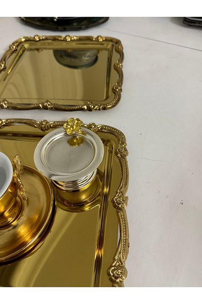 Elzemm store 2 Pcs Serving and Presentation Tray with Stainless Steel Gold Color Gold Frame
