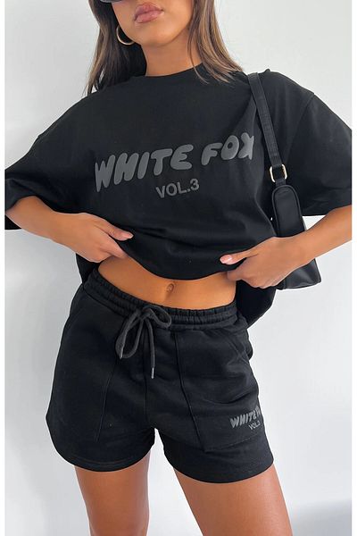 The Champ Clothing Women's Wf Printed Relaxed Cut 100% Cotton Short T-Shirt Suit Black