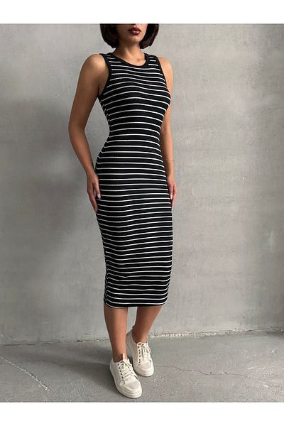 BEJNA Rochie elastică fără mâneci cu dungi negre pentru femei