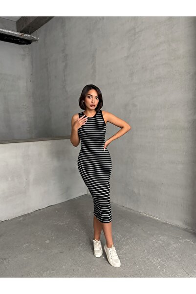 BEJNA Γυναικείο μαύρο ριγέ αμάνικο ελαστικό φόρεμα