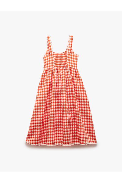 Koton Viscose Blended Round Neck Plaid Strap Dress