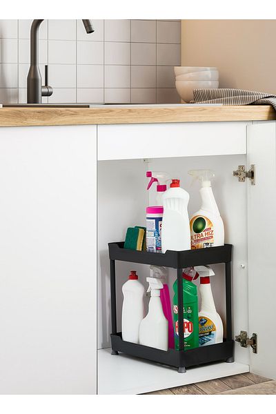 Bayev Class Black 2-Tier Under Sink Organizer Απορρυπαντικό με ρόδες Μονάδα ραφιών οργάνωσης μπάνιου