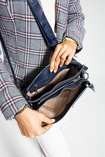 Getcho Tlea Women's Navy Blue Double Compartment Shoulder Bag Zippered Outer Pocket Adjustable Strap Daily Use