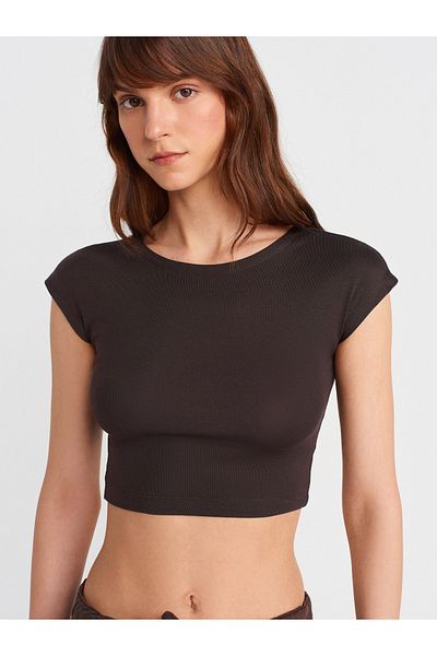Dilvin 30528 Cotton and Modal Blended Crop Top-Dark Brown