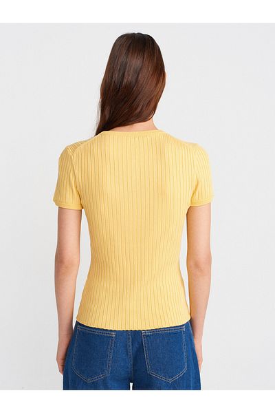 Dilvin 10756 Crew Neck Buttoned Knitwear Blouse-Dark Yellow