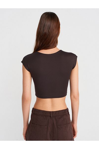 Dilvin 30528 Cotton and Modal Blended Crop Top-Dark Brown
