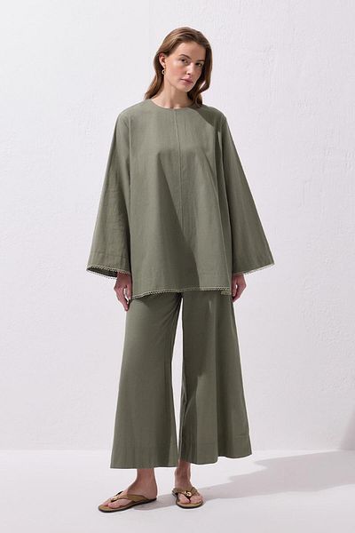 KADRİYE BAŞTÜRK Faye Scalloped Linen Blouse Trousers Suit Khaki Green