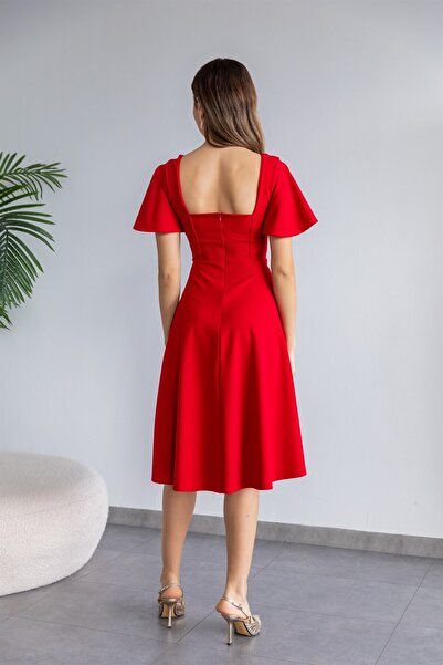 bayansepeti Women's Stretchy Crepe Fabric Square Collar Sleeves Flounced Design Red Midi Length Dress 082