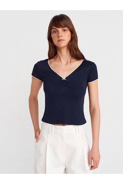 Dilvin 31798 Short Sleeve Shirred Top-Navy Blue