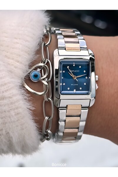 Ferrucci علبة 25*25 ملم - سوار فولاذي فضي، قرص أزرق داكن، زجاج مقطوع بالأحجار، أساور على شكل قلب