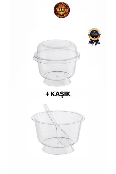 figanlar ambalaj 220Cc Crystal Footed Bowl (with Lid) + Dessert Bowl with Spoon Disposable Bowl (with Lid) 75 Pcs