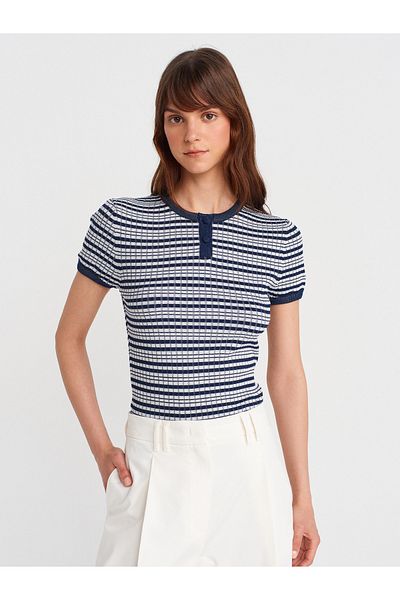 Dilvin 10754 Crew Neck Buttoned Striped Knitwear Blouse-Navy-Ecru