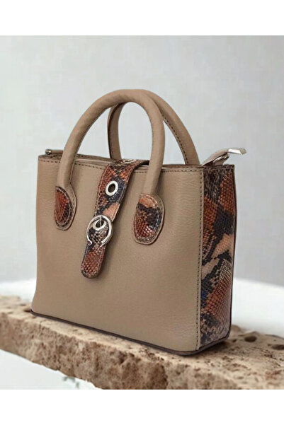 Handmade Kahve El Yapımı Yılan Derisi Detaylı Deri El Çantası