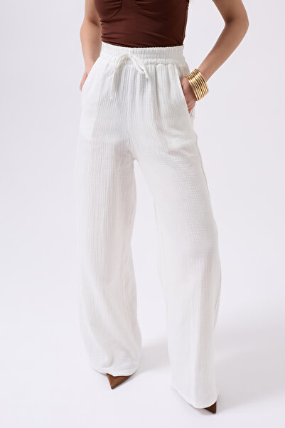 Clu Athena Beyaz Müslin Palazzo Pantolon