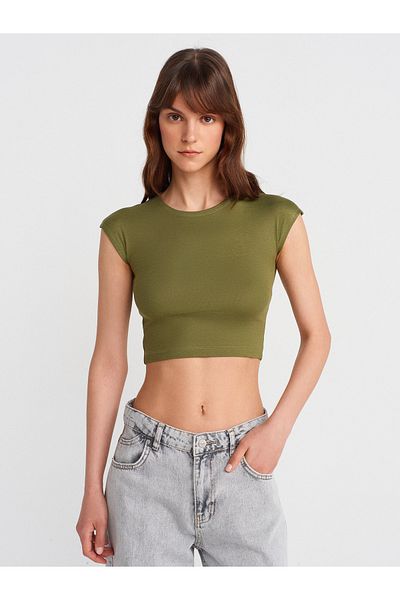 Dilvin 30528 Cotton and Modal Blended Crop Top-Light Khaki