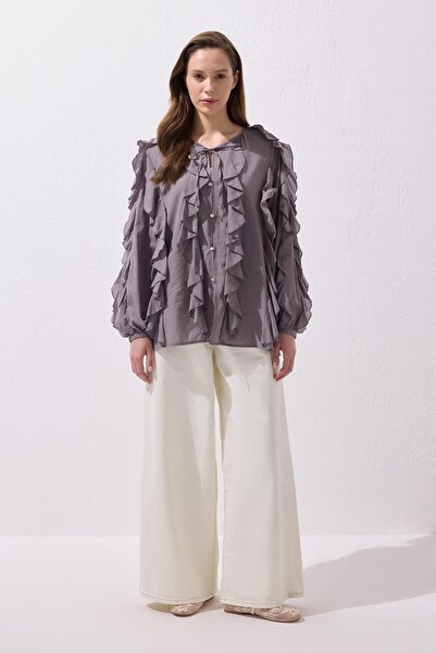 KADRİYE BAŞTÜRK Rosa Fırfırlı Vual Gömlek Duman Gri