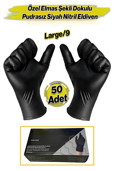 Badem10 Diamond Textured 25 Pairs 50 Pcs Black L Size 9 Thick Hygienic Powder-Free Nitrile Exam Gloves