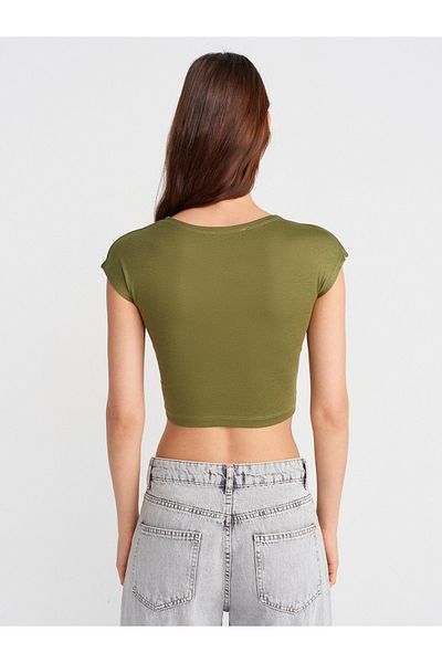 Dilvin 30528 Cotton and Modal Blended Crop Top-Light Khaki