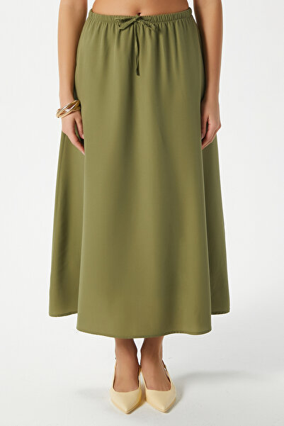 Ritnice Women's Seaside Khaki Lined Elastic Waist Woven Long Skirt with Pockets