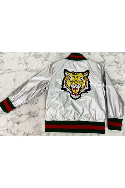 STYLENEST Unisex Silver Color Bomber Jacket with Lion Figure
