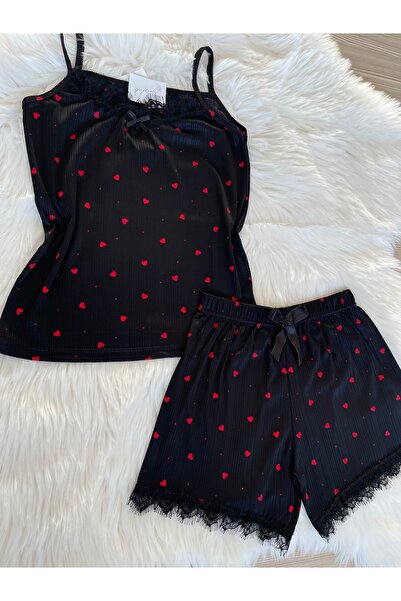 Pijamacs Kırmızı Kalp Desenli Şortlu Pegasus Pijama Takımı