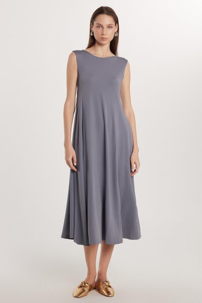 Tudors Women's Regular Fit Straps Side Pockets Crew Neck Long Anthracite Dress