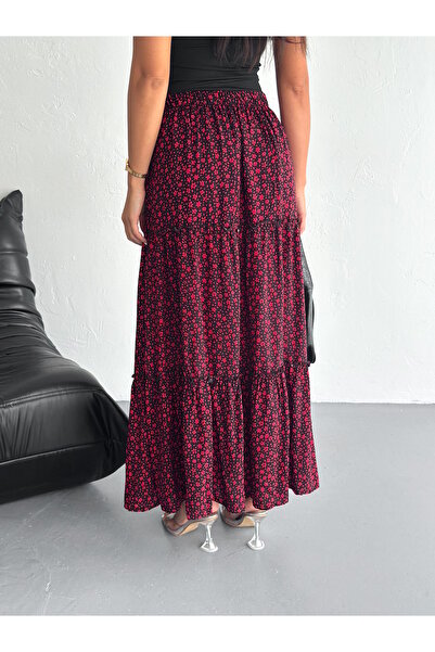 YUSUF CAN KARATAŞ KARATAŞ GİYİM Women's Large Size Red Color Elastic Waist Ruffled Woven Fabric Long Skirt Length 100 cm