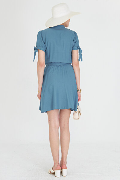 armonika Women's Indigo Judge Collar Sleeve Tie-Up Elastic Waist Belt Short Dress Arm-23Y 001088