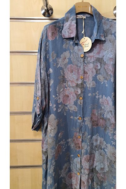 Park Moda İtalyan Elbise Keten Gül Desen Gömlek Elbise